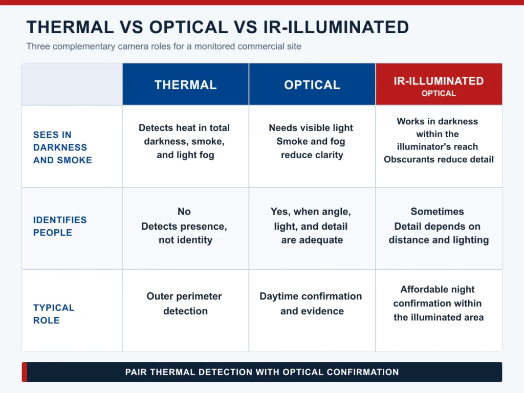 Side by side comparison of thermal, daytime optical, and infrared illuminated camera views of the same night time scene