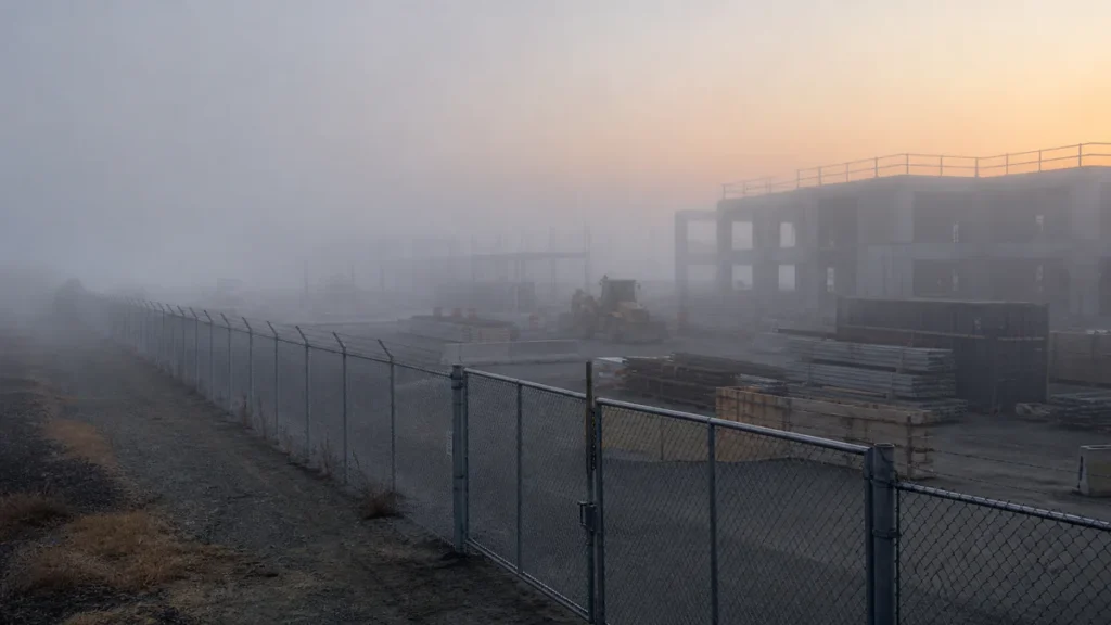 Thermal camera view of a construction site perimeter in fog, showing a person detected as a heat signature where the optical view is obscured