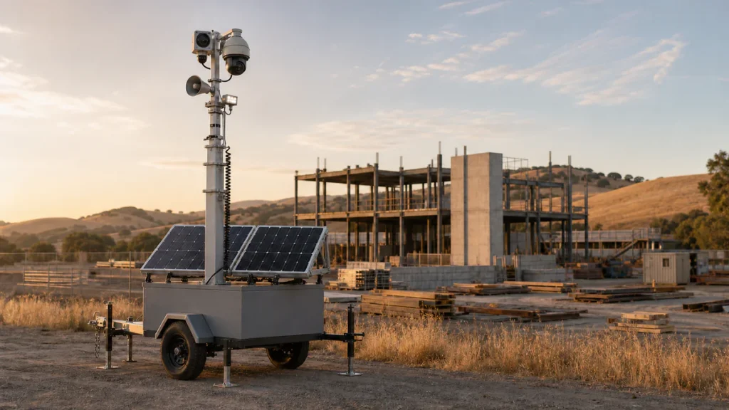 Mobile surveillance trailer with paired thermal and optical cameras on its mast overlooking a Northern California construction site
