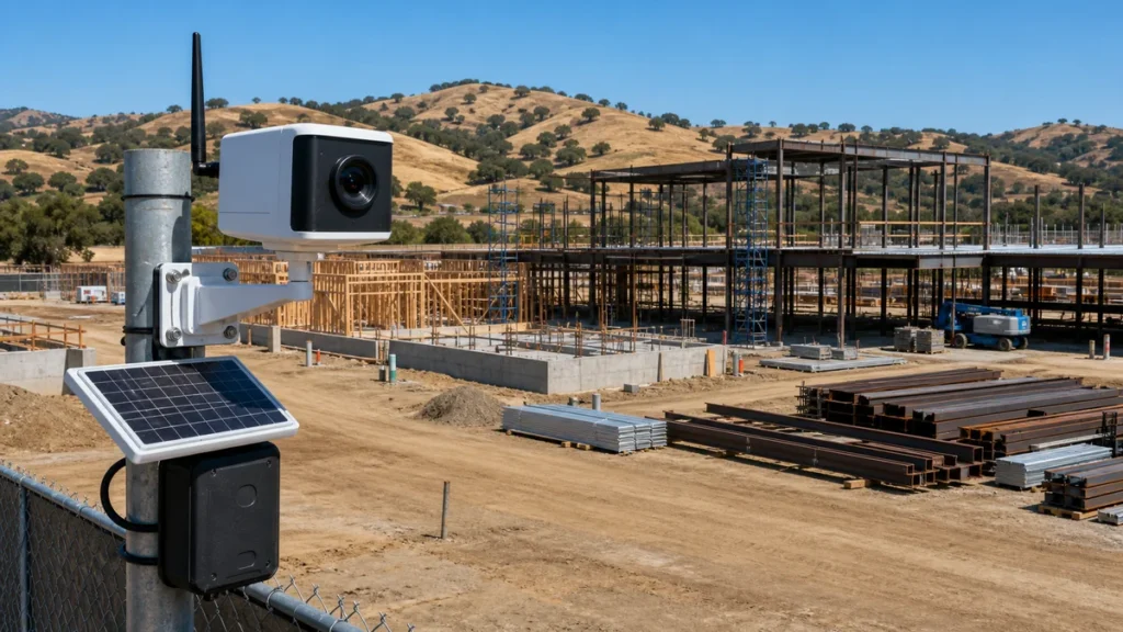 Solar-powered construction time lapse camera on a pole documenting a steel-frame building under construction