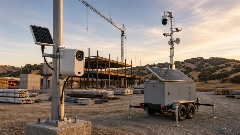 Pole-mounted solar time lapse camera and a solar surveillance trailer with a mast camera at a construction site at sunset