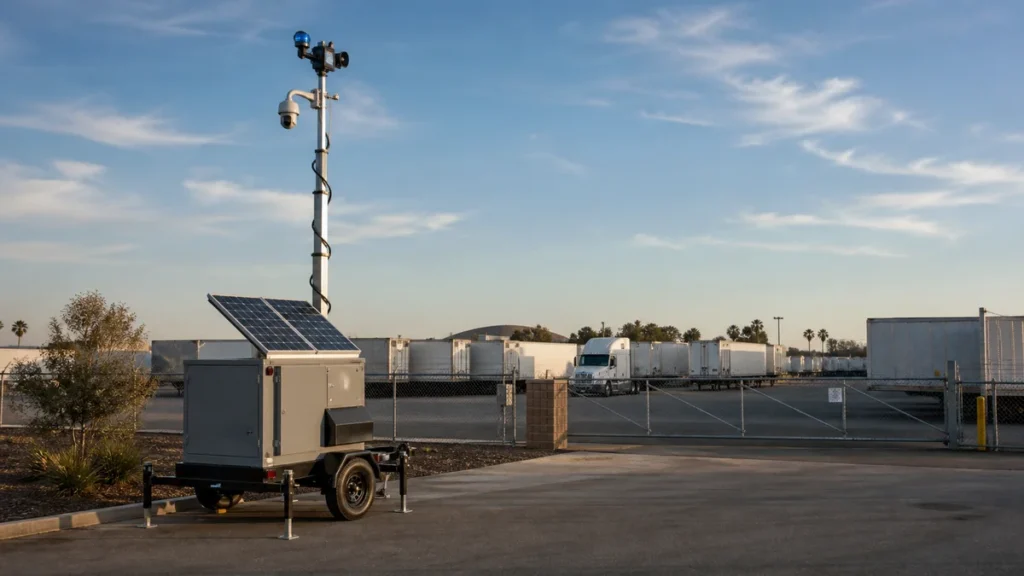 Unbranded solar surveillance trailer watching rows of parked trailers at a Northern California truck yard
