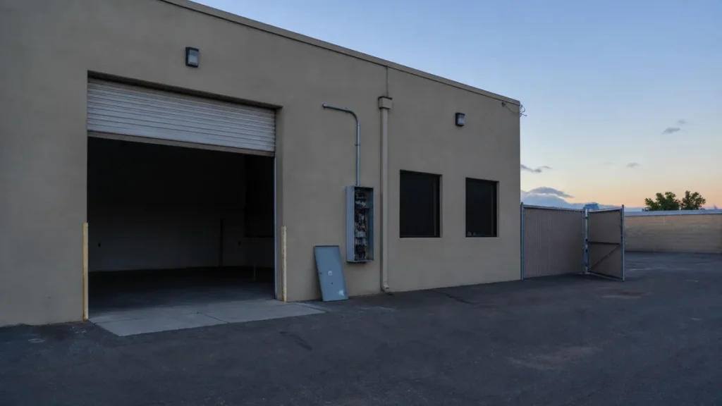 Vacant commercial building at dusk with its roll-up door left open and a security gate standing ajar