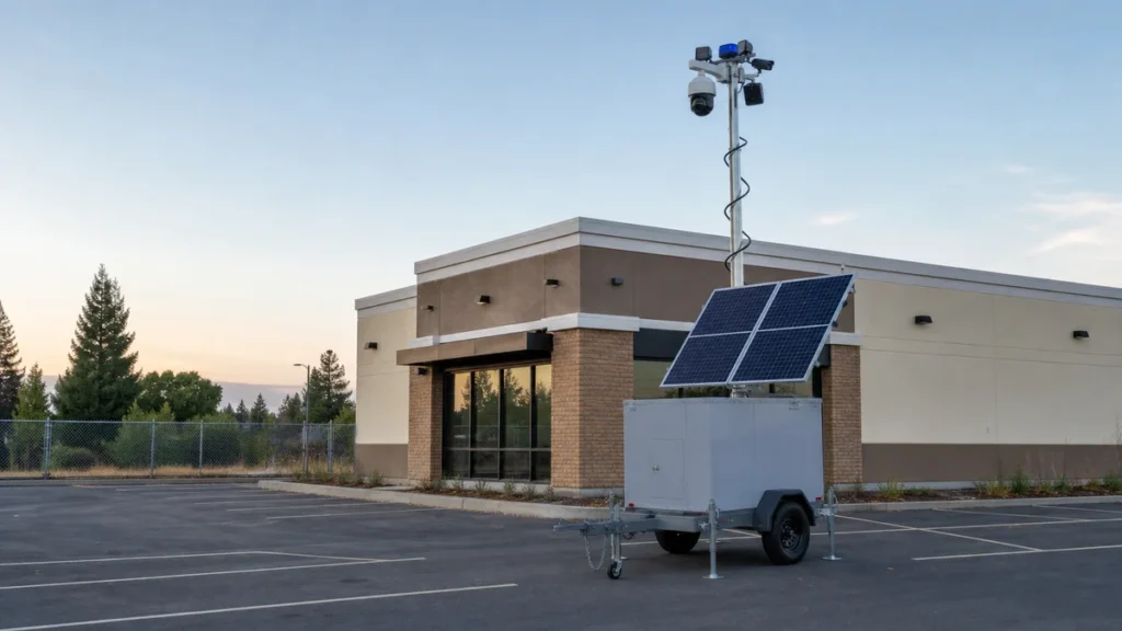 Unbranded solar surveillance trailer positioned at a vacant Northern California commercial property