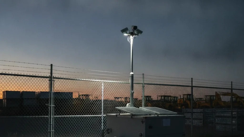 Unbranded solar surveillance trailer covering the gate of a Northern California commercial yard at dusk
