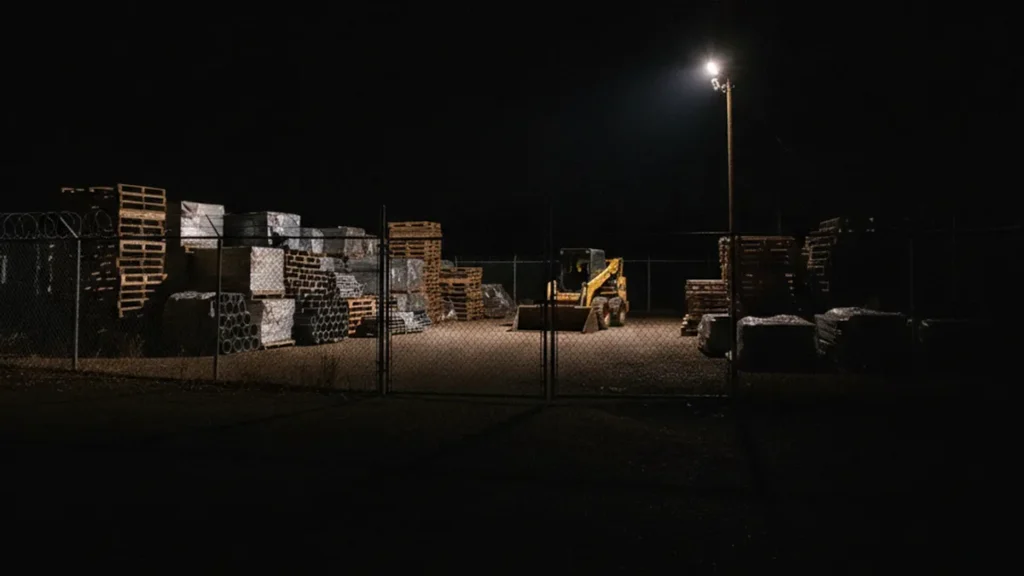 Closed chain link gate at a materials yard at night, with stacked pallets, wrapped supplies and a yellow skid steer loader under a single pole light