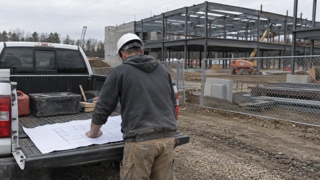 Site manager reviewing a printed site plan on a truck tailgate beside a fenced construction site
