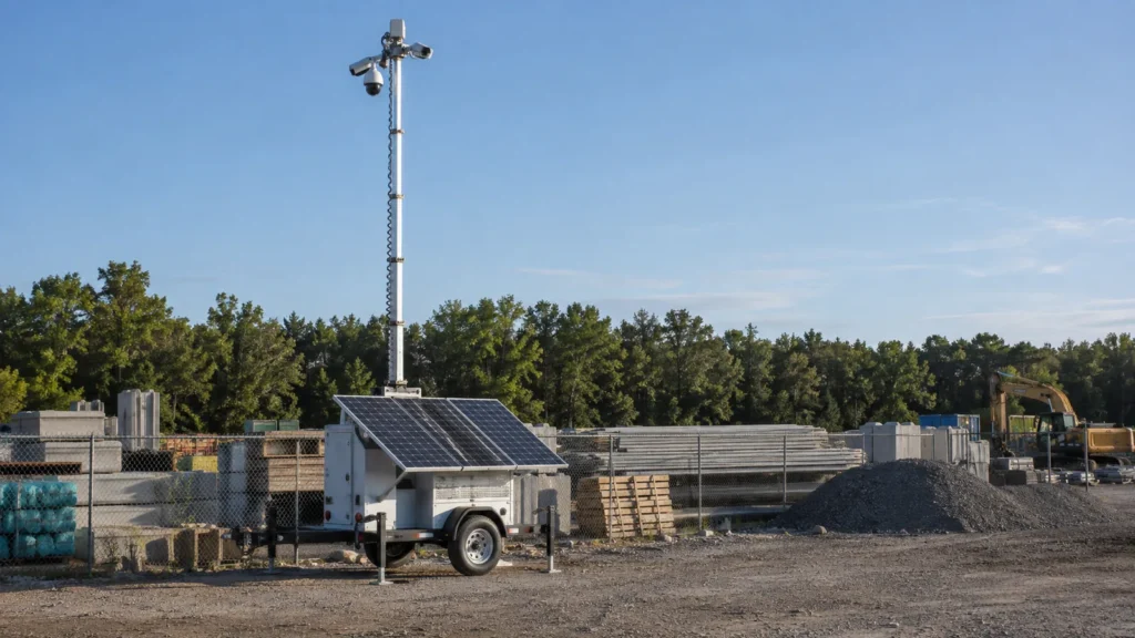 Solar-powered mobile surveillance unit with a raised camera mast parked at the edge of a construction laydown yard