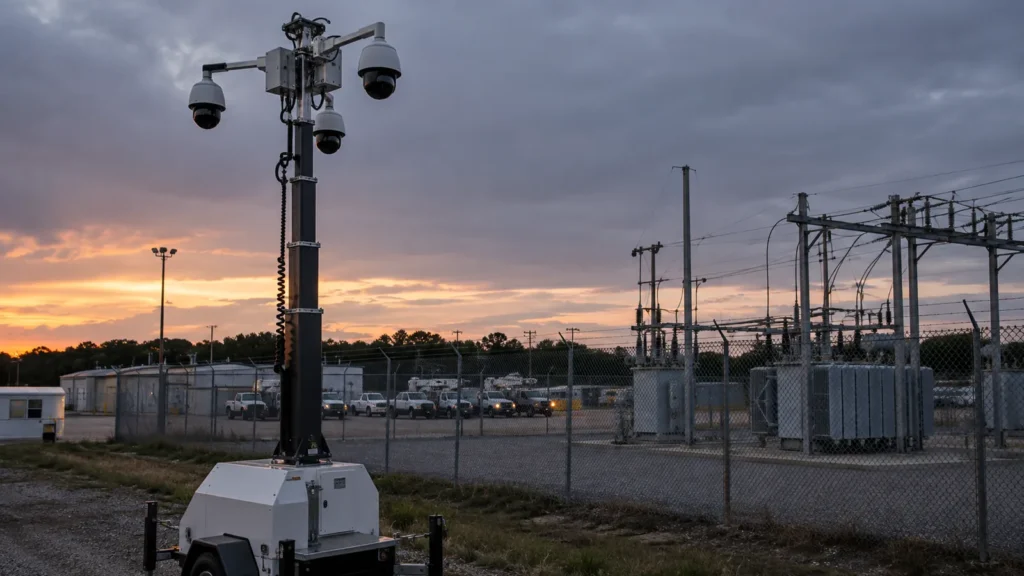 Pole-mounted security cameras on a mobile surveillance mast overlooking a municipal utility yard at dusk