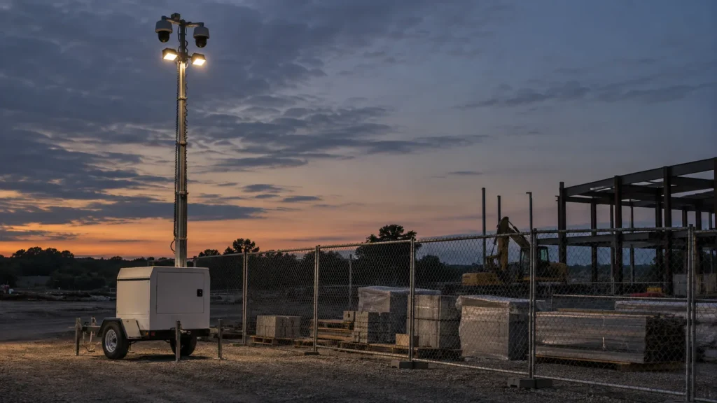 Mobile surveillance trailer beside temporary chain-link fencing at a short-term construction site at dusk