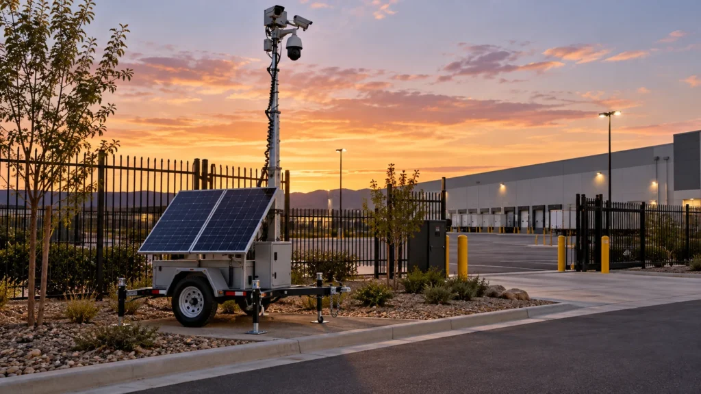 Fenced commercial lot at dusk with a solar surveillance trailer near the entrance and a clean, empty curb