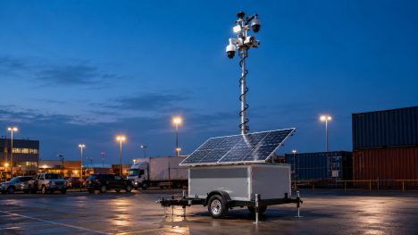 Surveillance trailer rental guarding a Northern California parking lot at night